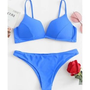 Blue V-Wired Full Cup Top With Low Rise Bikini